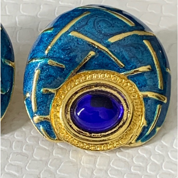RARE - Signed Two Sisters Clip on Earrings.Gold plated.Blue Cabochons,Enamel. - Picture 4 of 12